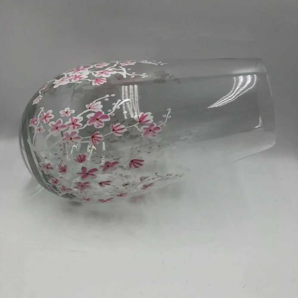 Cherry Blossom Themed Glass Vase Floral Weighted Bottom Delicate Décor Tabletop